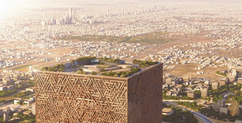 The Mukaab Putra Mahkota Saudi Mohammed bin Salman (MbS) akan membangun gedung raksasa berbentuk kubus atau The Mukaab yang dikritik sejumlah pihak sebagai Ka'bah baru. (Tangkapan layar newmurabba.com)