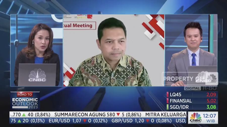 Deputi Direktur Dept. Perlindungan Konsumen OJK Hudiyanto, dalam Capital Market Outlook 2023 dengan tema Ekonomi Global Bergejolak Pasar Modal RI Masih Semarak! pada Selasa, (21/2/2023). (Tangkapan Layar CNBC Indonesia TV)
