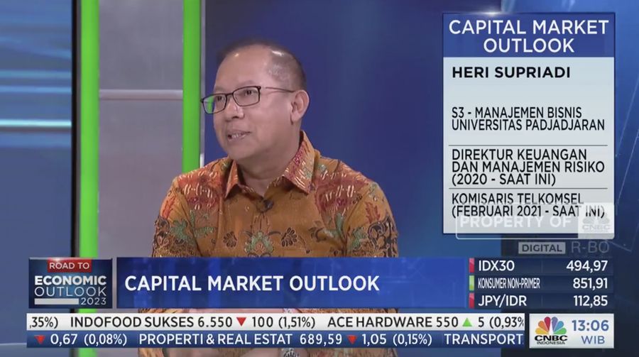 Direktur Keuangan dan Manajemen Risiko PT Telkom Indonesia (Persero) Tbk Heri Supriadi, dalam Capital Market Outlook 2023 dengan tema Ekonomi Global Bergejolak Pasar Modal RI Masih Semarak! pada Selasa, (21/2/2023). (Tangkapan Layar ²©²ÊÍøÕ¾ TV)