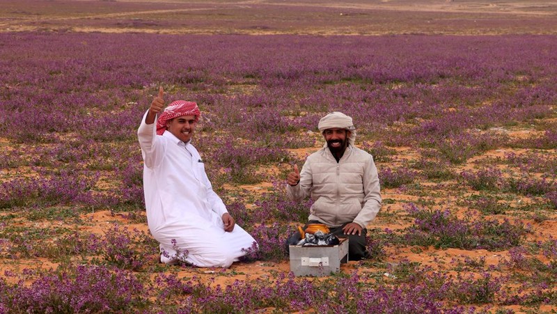 Seorang warga mengambil foto bukit yang menghijau setelah hujan deras di Mekkah, Arab Saudi pada 16 Januari 2023. (Photo by Hani Alshaer/Anadolu Agency via Getty Images)