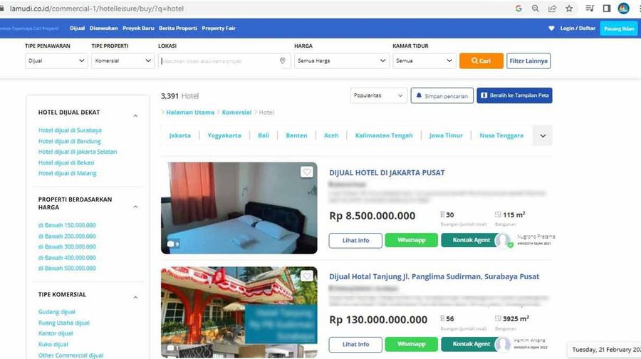Penjualan hotel via online. (Tangkapan layar Lamudi.com)