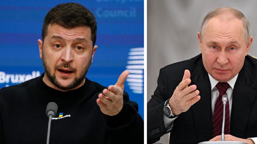 Kombinasi foto menunjukkan Presiden Rusia Vladimir Putin dan Presiden Ukraina Volodymyr Zelensky. (AFP via Getty Images)