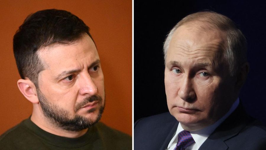 Kombinasi foto menunjukkan Presiden Rusia Vladimir Putin dan Presiden Ukraina Volodymyr Zelensky. (AFP via Getty Images)