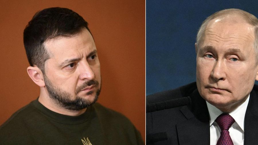 Kombinasi foto menunjukkan Presiden Rusia Vladimir Putin dan Presiden Ukraina Volodymyr Zelensky. (AFP via Getty Images)