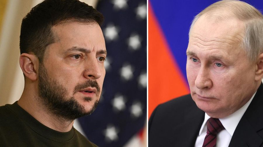 Kombinasi foto menunjukkan Presiden Rusia Vladimir Putin dan Presiden Ukraina Volodymyr Zelensky. (AFP via Getty Images)
