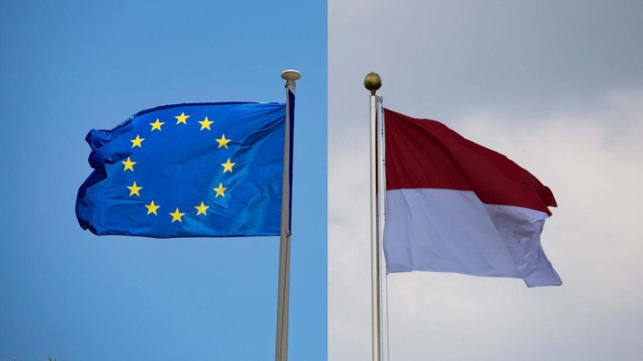 Kolase Bendera Eropa dan Indonesia. Kolase Bendera Eropa dan Indonesia. (Getty Images)