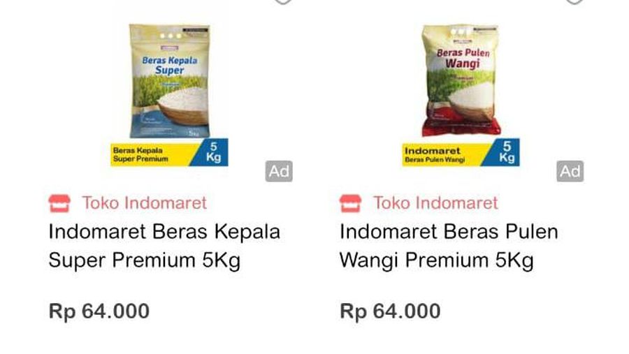 Penjualan beras via online di salah satu swalayan. (Tangkapan layar)