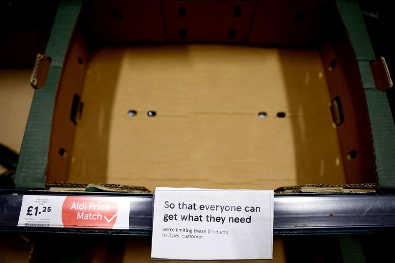 BRITAIN-VEGETABLES/ Empty boxes of vegetables are seen in Tesco, Hanley, Staffordshire, Britain, February 27, 2023. REUTERS/Carl Recine