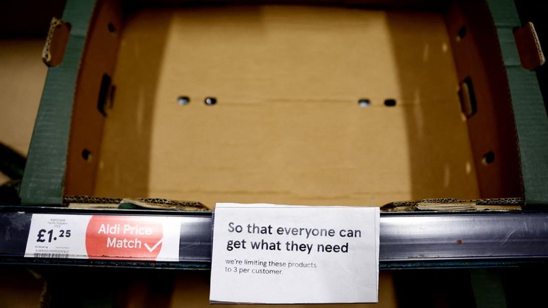 Empty boxes of vegetables are seen in Tesco, Hanley, Staffordshire, Britain, February 27, 2023. REUTERS/Carl Recine
