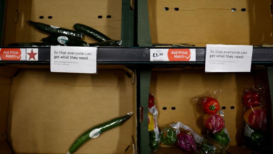 Empty boxes of vegetables are seen in Tesco, Hanley, Staffordshire, Britain, February 27, 2023. REUTERS/Carl Recine