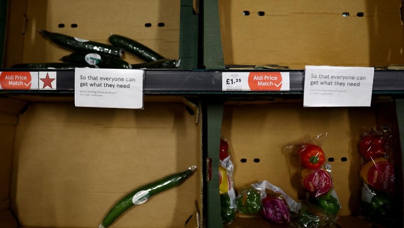 Empty boxes of vegetables are seen in Tesco, Hanley, Staffordshire, Britain, February 27, 2023. REUTERS/Carl Recine
