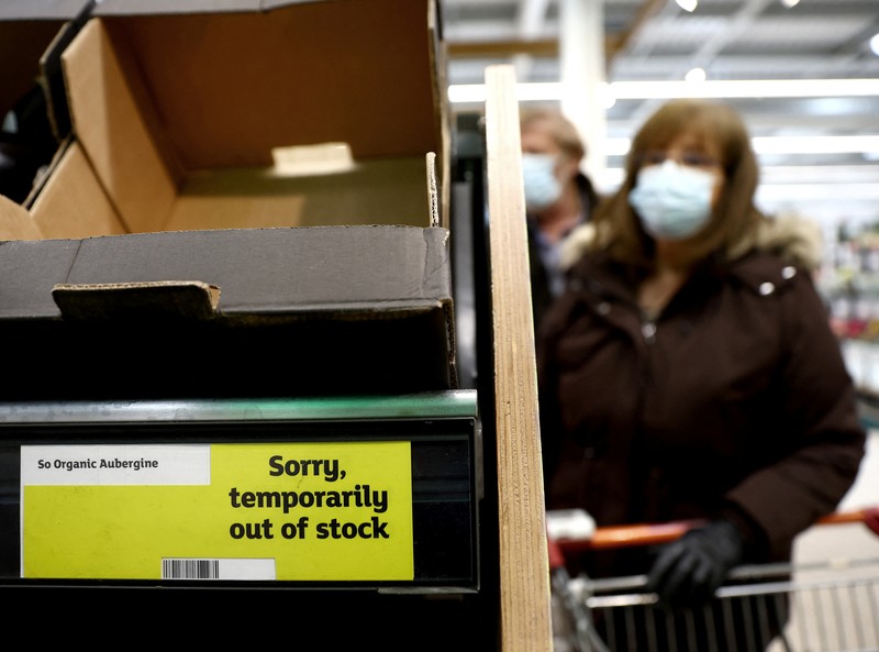 BRITAIN-VEGETABLES/ Empty boxes of vegetables are seen in Tesco, Hanley, Staffordshire, Britain, February 27, 2023. REUTERS/Carl Recine