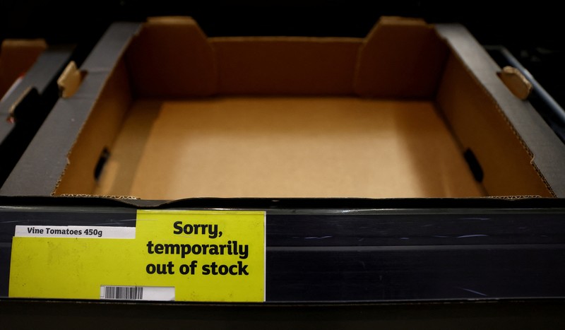 BRITAIN-VEGETABLES/ Empty boxes of vegetables are seen in Tesco, Hanley, Staffordshire, Britain, February 27, 2023. REUTERS/Carl Recine