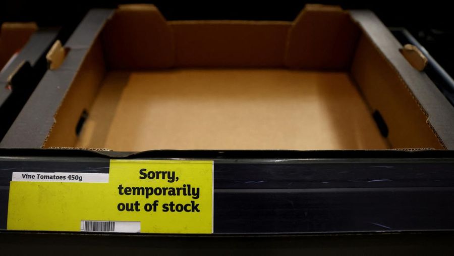 Empty boxes of vegetables are seen in Tesco, Hanley, Staffordshire, Britain, February 27, 2023. REUTERS/Carl Recine