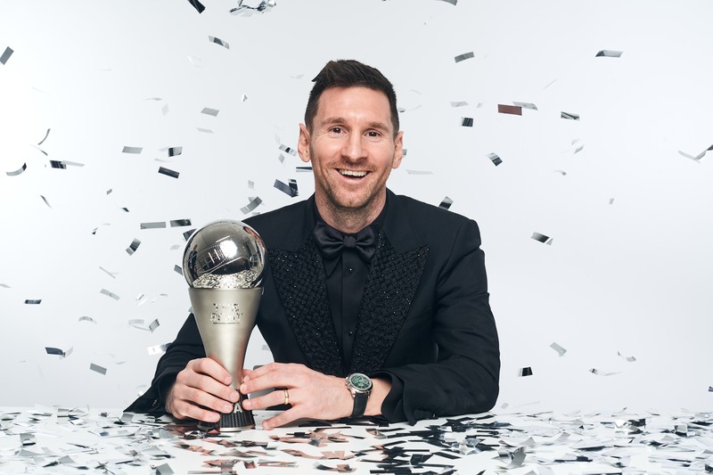 Argentina's Lionel Messi receives the Best FIFA Men's player award during the ceremony of the Best FIFA Football Awards in Paris, France, Monday, Feb. 27, 2023. (AP Photo/Michel Euler)