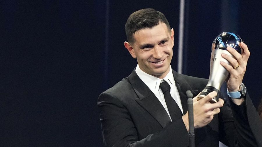 Argentina's Lionel Messi receives the Best FIFA Men's player award during the ceremony of the Best FIFA Football Awards in Paris, France, Monday, Feb. 27, 2023. (AP Photo/Michel Euler)