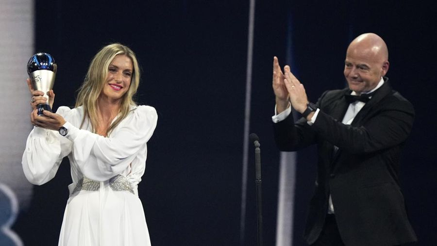 Argentina's Lionel Messi receives the Best FIFA Men's player award during the ceremony of the Best FIFA Football Awards in Paris, France, Monday, Feb. 27, 2023. (AP Photo/Michel Euler)