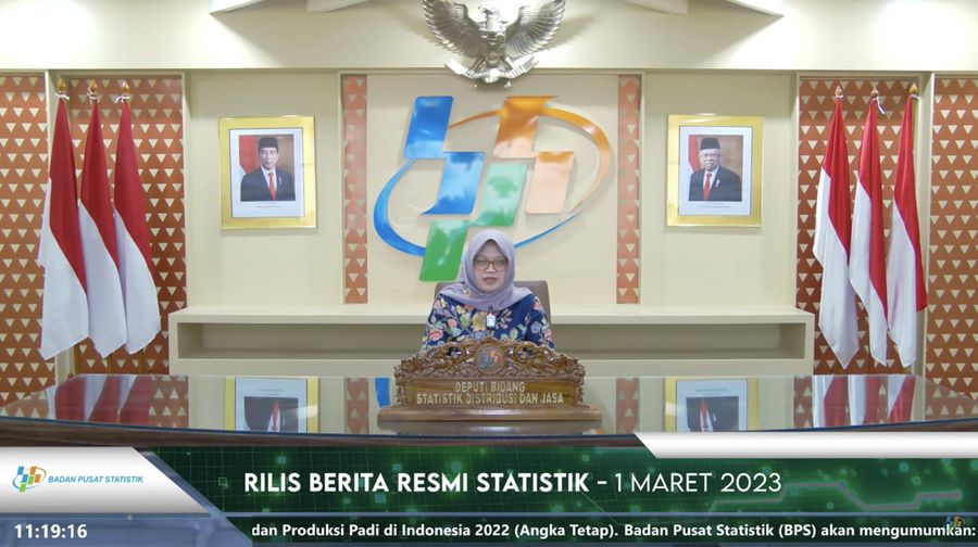 Pudji Ismartini, Deputi Bidang Statistik Distribusi dan Jasa BPS saat menyampaikan Rilis BPS, Senin (1/3/2023). (Tangkapan layar youtube BPS Statistics)
