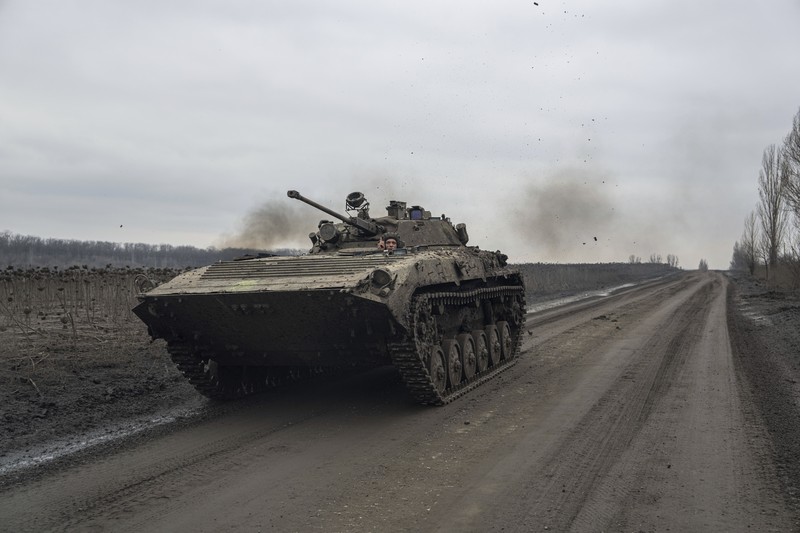 Russia Ukraine War A view of the town of Bakhmut, the site of the heaviest battles with the Russian troops, Donetsk region, Ukraine, Monday, Feb. 27, 2023. (AP Photo/Yevhen Titov)