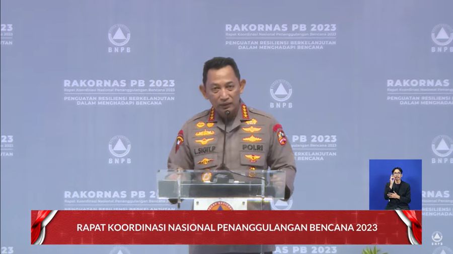Kapolri Jenderal Listyo Sigit Prabowo saat Rapat Koordinasi Nasional Penanggulangan Bencana Tahun 2023 di Jakarta, Kamis (2/3/2023).