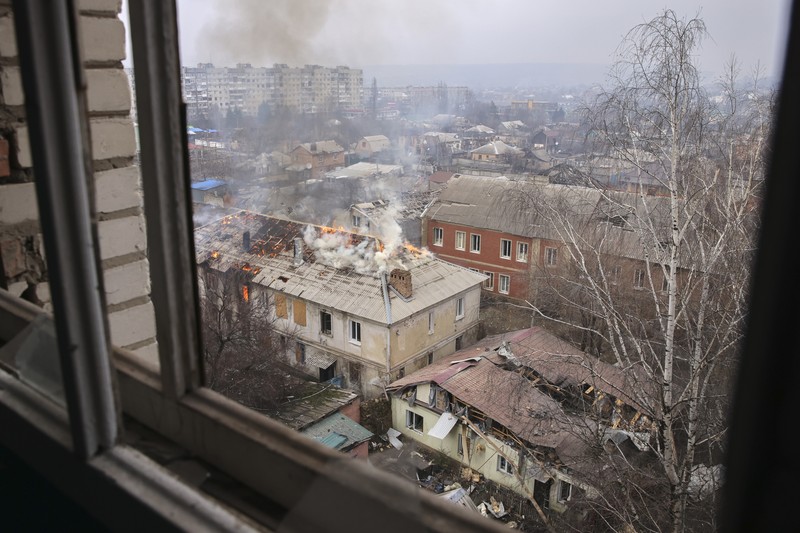 Russia Ukraine War A view of the town of Bakhmut, the site of the heaviest battles with the Russian troops, Donetsk region, Ukraine, Monday, Feb. 27, 2023. (AP Photo/Yevhen Titov)