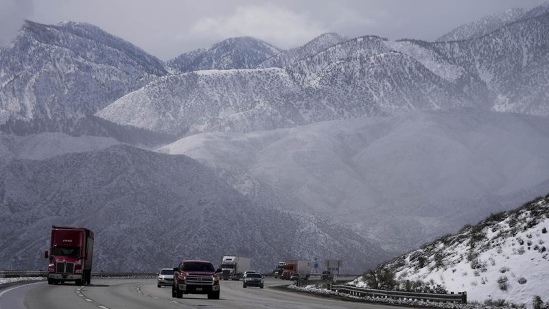 Two palms trees are backdropped by snow-covered mountains in Hesperia, Calif., Wednesday, March 1, 2023. (AP Photo/Jae C. Hong)