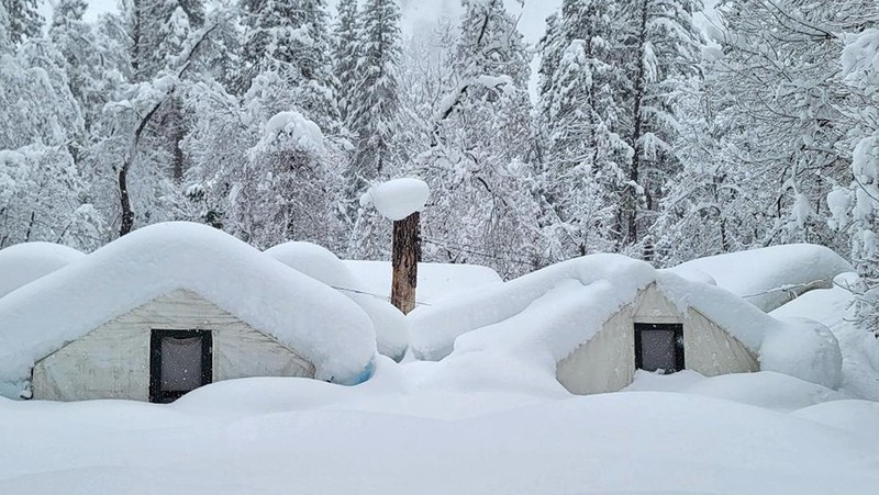Two palms trees are backdropped by snow-covered mountains in Hesperia, Calif., Wednesday, March 1, 2023. (AP Photo/Jae C. Hong)