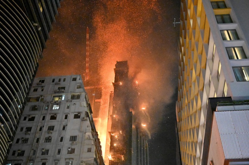 Kebakaran terjadi di gedung pencakar langit yang sedang dibangun di Hong Kong, China pada 2 Maret 2023. (AFP via Getty Images/PETER PARKS) Kebakaran terjadi di gedung pencakar langit yang sedang dibangun di Hong Kong, China pada 2 Maret 2023. (AFP via Getty Images/PETER PARKS)