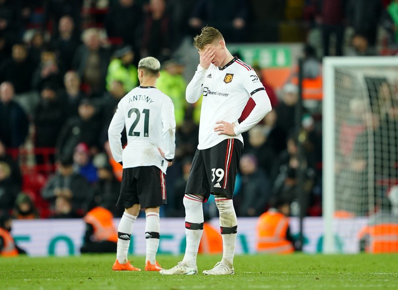 Manchester United Scott McTominay terlihat murung usai pertandingan Premier League di Anfield, Liverpool. Tanggal pengambilan gambar: Minggu 5 Maret 2023. (Peter Byrne/PA Images via Getty Images)