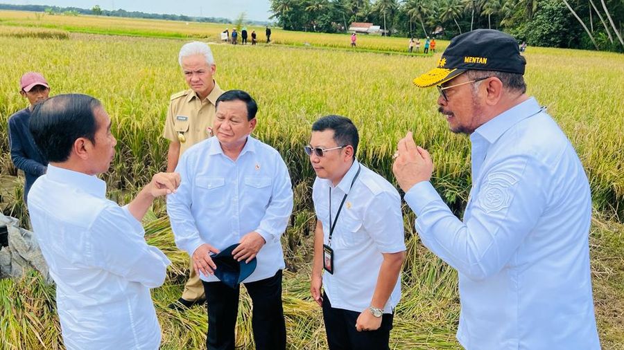 Presiden Joko Widodo didampingi Sekretaris Kabinet Pramono Anung, Menteri Pertahanan Prabowo Subianto, Menteri Pertanian Syahrul Yasin Limpo, Kepala Badan Pangan Nasional Arief Prasetyo Adi, dan Gubernur Jawa Tengah Ganjar Pranowo  meninjau panen raya padi dan berdialog dengan petani di Desa Lajer, Kecamatan Ambal, Kabupaten Kebumen, Provinsi Jawa Tengah Kamis (9/3/2023). (Dok: Biro Pers Sekretariat Presiden)