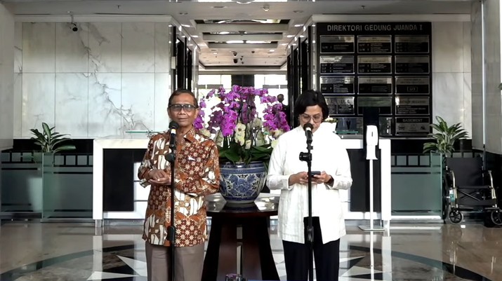 Press Statement Menteri Keuangan dan Menkopolhukam Terkait Temuan PPATK. (Tangkapan Layar Youtube)