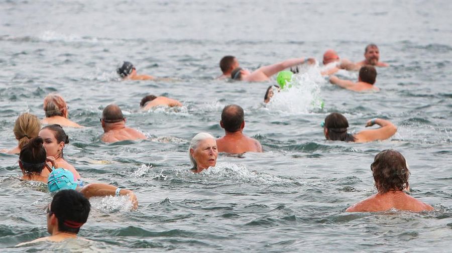 SYDNEY, AUSTRALIA - MARCH 12: (EDITORS NOTE: Image contains nudity.) Swimmers take part in the 'Sydney Skinny' on March 12, 2023 in Sydney, Australia. The world's largest annual nude swimming race, the Sydney Skinny, returned to Sydney Harbour's Cobbler's Beach on Sunday after a three-year Covid hiatus. The event promised to be bigger and better than ever. This year was the 10th anniversary of the annual event. (Photo by Lisa Maree Williams/Getty Images)