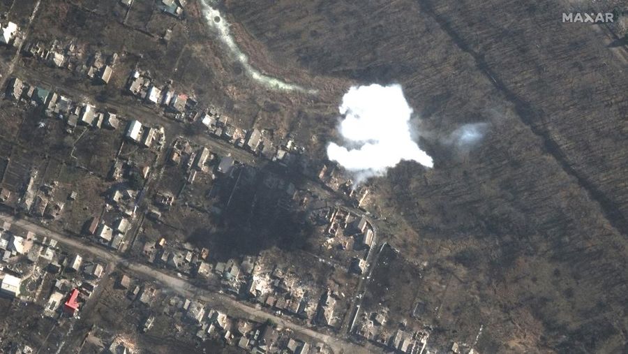 This satellite image provided by Maxar Technologies shows smoke from recently dropped ordnance in southern Bakhmut, Ukraine, Monday March 6, 2023. (Satellite image ©2023 Maxar Technologies via AP)