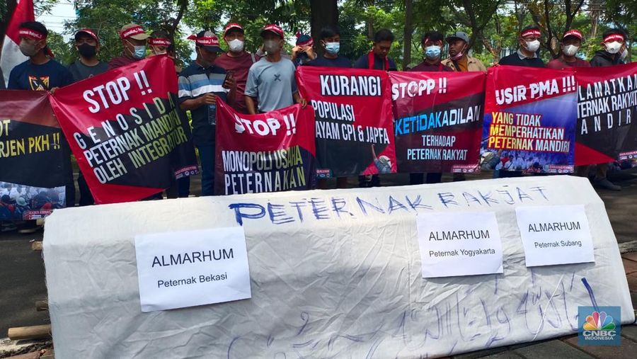 Demo 200 peternak ayam di depan Kantor Komnas HAM Jalan Latuharhary Menteng, Jakarta Pusat, menuntut kejelasan kebijakan dari pemerintah soal perunggasan. (CNBC Indonesia/Martyasari Rizky)