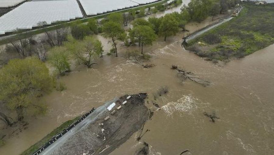 Tangkapan layar dari video menunjukkan tanggul jebol dan sungai banjir di Pajaro, California, AS, 12 Maret 2023. (REUTERS/DRONE BASE)