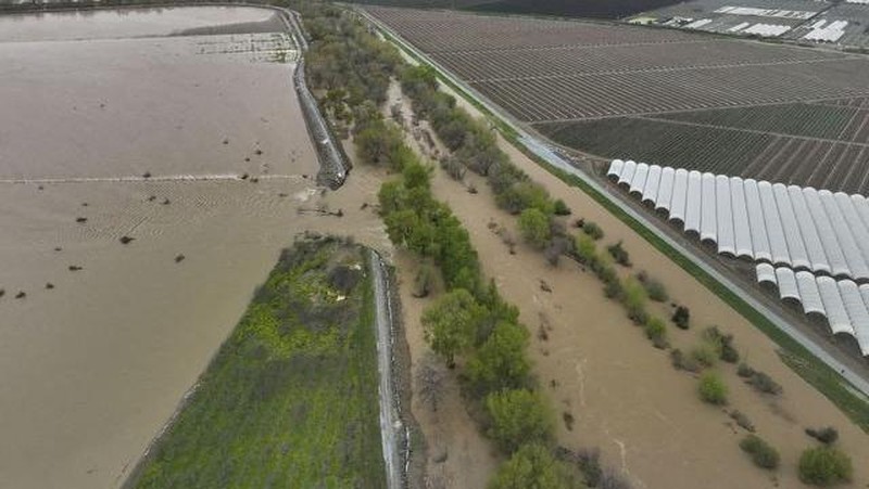 Tangkapan layar dari video menunjukkan tanggul jebol dan sungai banjir di Pajaro, California, AS, 12 Maret 2023. (REUTERS/DRONE BASE)
