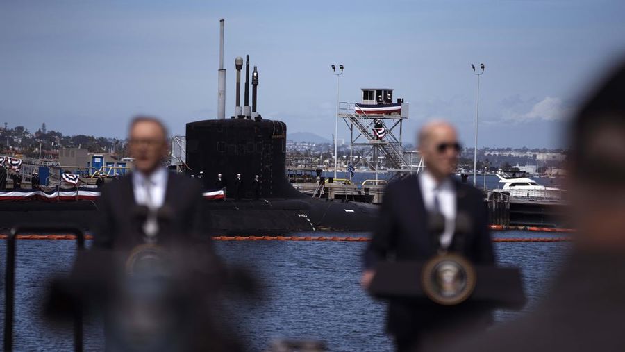 Anthony Albanese, Australia's prime minister, left, and US President Joe Biden at Naval Base Point Loma in San Diego, California, US, on Monday, March 13, 2023. The prime ministers of the UK and Australia are meeting Biden today as the three nations unveil the next phase of the AUKUS nuclear submarine program, a security partnership meant to counter China. Photographer: Eric Thayer/Bloomberg via Getty Images