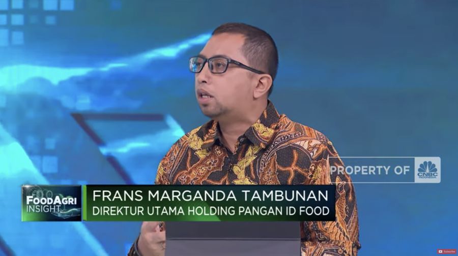 Dirut Holding Pangan ID Food, Frans Marganda Tambunan mengungkapkan strategi ID Food dalam mendukung program kestabilan stok dan harga pangan utamanya untuk jenis pangan bergejolak seperti gula pasir Hingga daging dan minyak goreng. (Tangkapan Layar Youtube CNBC Indonesia)