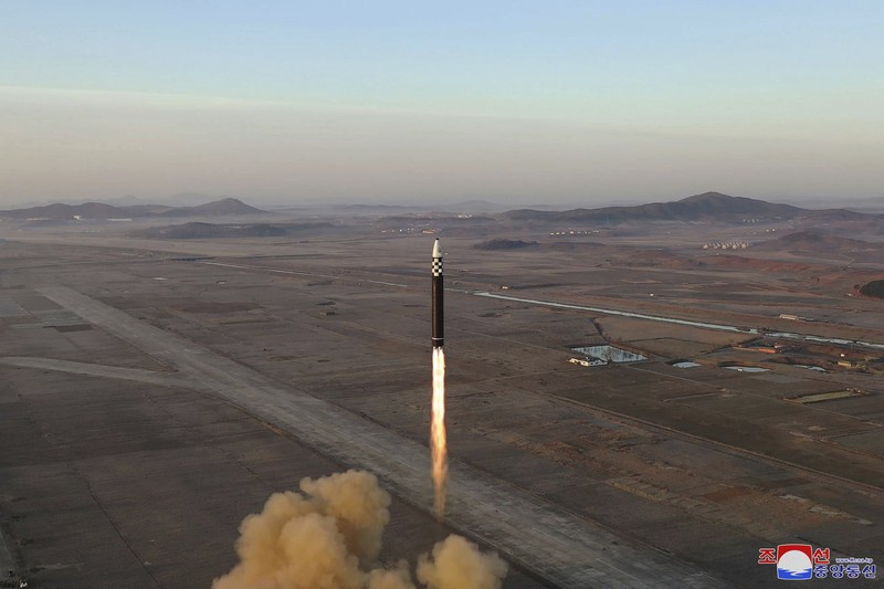This photo provided by the North Korean government shows what it says is an intercontinental ballistic missile in a launching drill at the Sunan international airport in Pyongyang, North Korea, Thursday, March 16, 2023. Independent journalists were not given access to cover the event depicted in this image distributed by the North Korean government. The content of this image is as provided and cannot be independently verified. Korean language watermark on image as provided by source reads: 