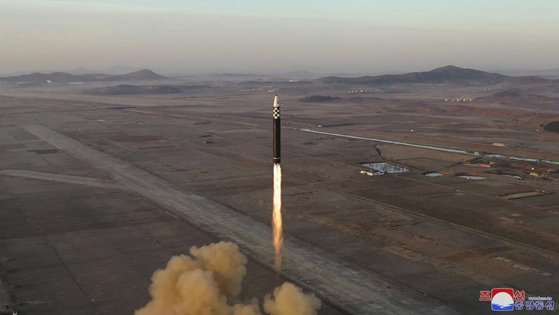 This photo provided by the North Korean government shows what it says is an intercontinental ballistic missile in a launching drill at the Sunan international airport in Pyongyang, North Korea, Thursday, March 16, 2023. Independent journalists were not given access to cover the event depicted in this image distributed by the North Korean government. The content of this image is as provided and cannot be independently verified. Korean language watermark on image as provided by source reads: 