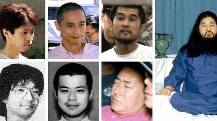 COMBO-JAPAN-CRIME-EXECUTION-AUM (COMBO) This combo of file photos received via Jiji Press and the Yomiuri Shimbun (top 2nd R) shows (from top L-counter-clockwise) Yoshihiro Inoue, the intelligence chief of Japan's doomsday Aum Shinrikyo (Supreme Truth) sect; Aum senior member Tomomitsu Niimi; the sect's top chemist Masami Tsuchiya; Aum leader Shoko Asahara; Aum senior member Kiyohide Hayakawa (pink shirt); Aum officer Tomomasa Nakagawa; and Aum officer Seiichi Endo at various locations in Japan in the early 1990s. - Shoko Asahara, the leader of the Aum Shinrikyo cult that carried out a deadly sarin attack on Tokyo's subway in 1995, was executed on July 6, 2018 two decades after the group's shocking crime, along with Aum members Masami Tsuchida, Seiichi Endo, Tomomitsu Niimi, Yoshihiro Inoue, Tomomasa Nakagawa and Kiyohide Hayakawa. (Photo by JIJI PRESS and YOMIURI SHIMBUN / various sources / AFP) / Japan OUT