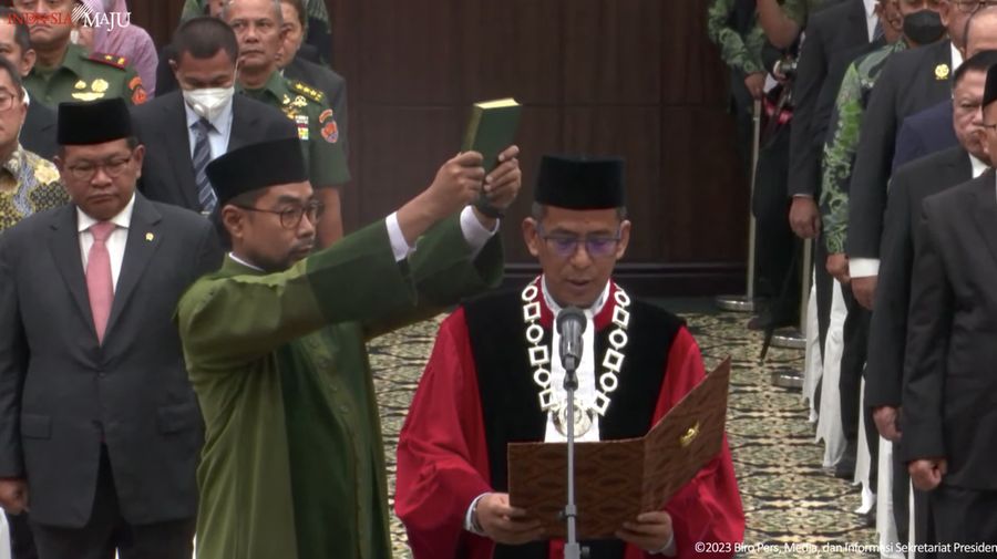Saldi Isra Wakil Ketua MK Masa Jabatan 2023-2028,20/03/2023. (Tangkapan layar youtube Setpres RI)