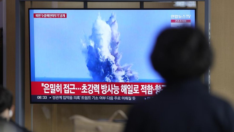 A TV screen shows a recent image released by Pyongyang’s official Korean Central News Agency during a news program at the Seoul Railway Station in Seoul, South Korea, Friday, March 24, 2023. North Korea said Friday its cruise missile launches this week were part of nuclear attack simulations that also involved a detonation by a purported underwater drone as leader Kim Jong Un vowed to make his rivals 