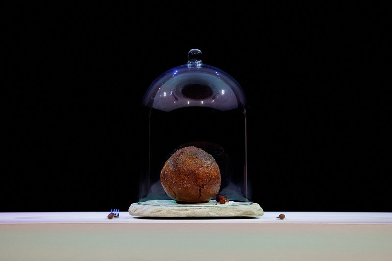 NETHERLANDS-MAMMOTH/ A meatball made from flesh cultivated using the DNA of an extinct woolly mammoth is presented at NEMO Science Museum created by a cultured meat company, in Amsterdam, Netherlands March 28, 2023. REUTERS/Piroschka van de Wouw