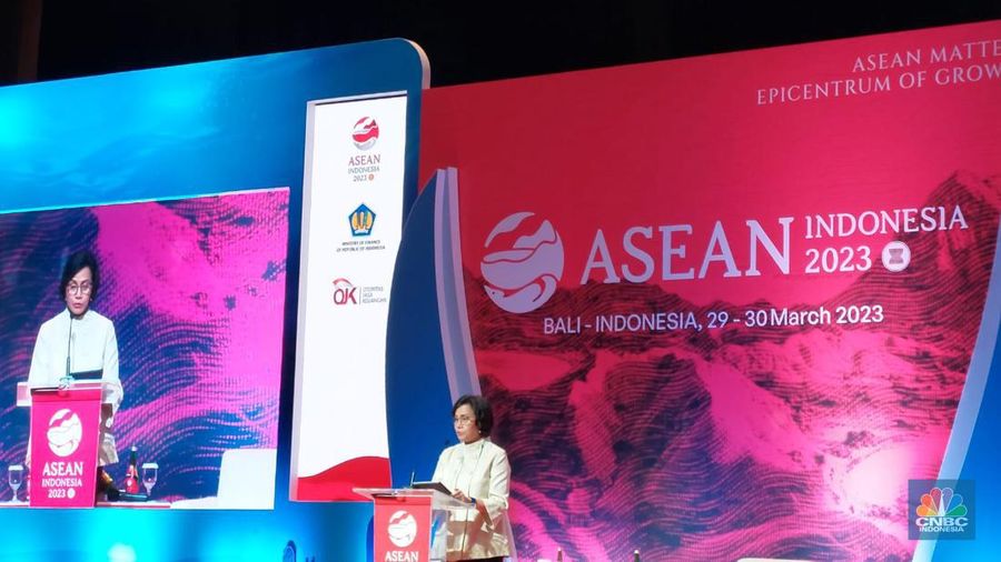 Menteri Keuangan Sri Mulyani Indrawati dalam memberikan sambutan dalam High Level Dialogue (Seminar) on Promoting Digital Financial Inclusion and Literacy for MSMEs di Nusa Dua Bali Convetion Center, Rabu (29/3/2023). (CNBC Indonesia/Cantika Dinda)