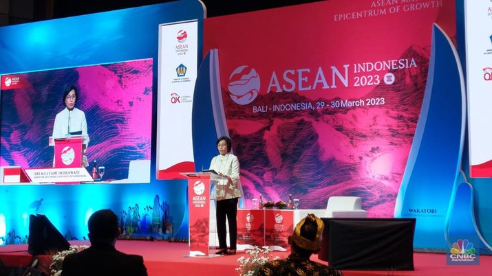 Menteri Keuangan Sri Mulyani Indrawati dalam memberikan sambutan dalam High Level Dialogue (Seminar) on Promoting Digital Financial Inclusion and Literacy for MSMEs di Nusa Dua Bali Convetion Center, Rabu (29/3/2023). (CNBC Indonesia/Cantika Dinda) Menteri Keuangan Sri Mulyani Indrawati dalam memberikan sambutan dalam High Level Dialogue (Seminar) on Promoting Digital Financial Inclusion and Literacy for MSMEs di Nusa Dua Bali Convetion Center, Rabu (29/3/2023). (CNBC Indonesia/Cantika Dinda)