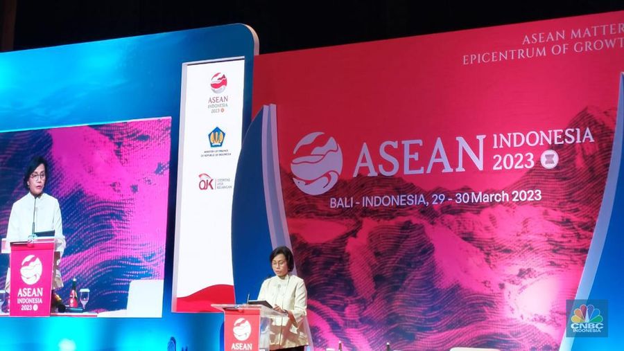 Menteri Keuangan Sri Mulyani Indrawati dalam memberikan sambutan dalam High Level Dialogue (Seminar) on Promoting Digital Financial Inclusion and Literacy for MSMEs di Nusa Dua Bali Convetion Center, Rabu (29/3/2023). (CNBC Indonesia/Cantika Dinda)