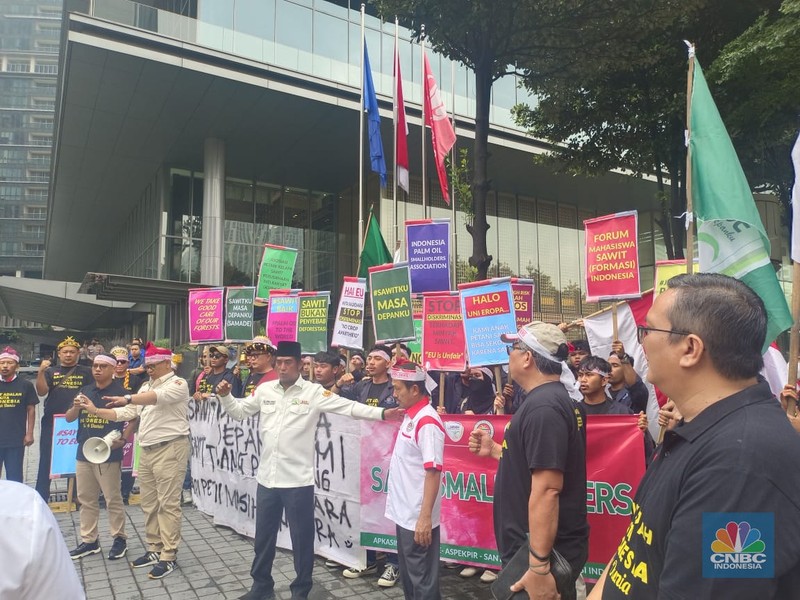 Puluhan Petani Sawit Demo Tolak UU Deforestasi Uni Eropa. (CNBC Indonesia/Martyasari Rizky )