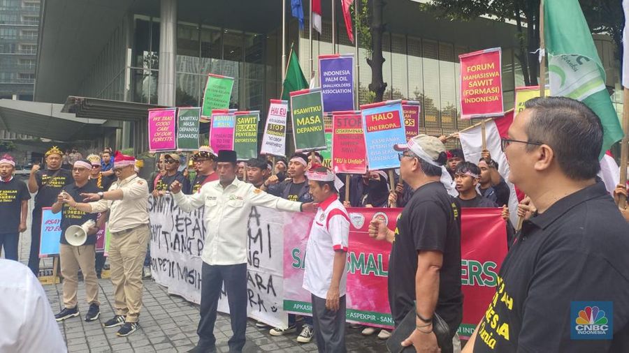 Puluhan Petani Sawit Demo Tolak UU Deforestasi Uni Eropa. (CNBC Indonesia/Martyasari Rizky )