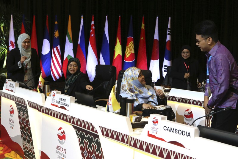 Indonesia ASEAN Finance ministers and delegates attend the plenary session during the ASEAN Finance Ministers and Central Bank Governors meeting in Nusa Dua, Bali, Indonesia on Thursday, March 30, 2023. The resort island of Bali is held the ASEAN Finance Ministers and Central Bank Governors meeting on March 30-31. (AP Photo/Firdia Lisnawati)